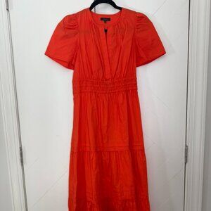 Quince Maxi Dress Vermillion Red Orange Cotton Poplin Tiered Womens Size Small